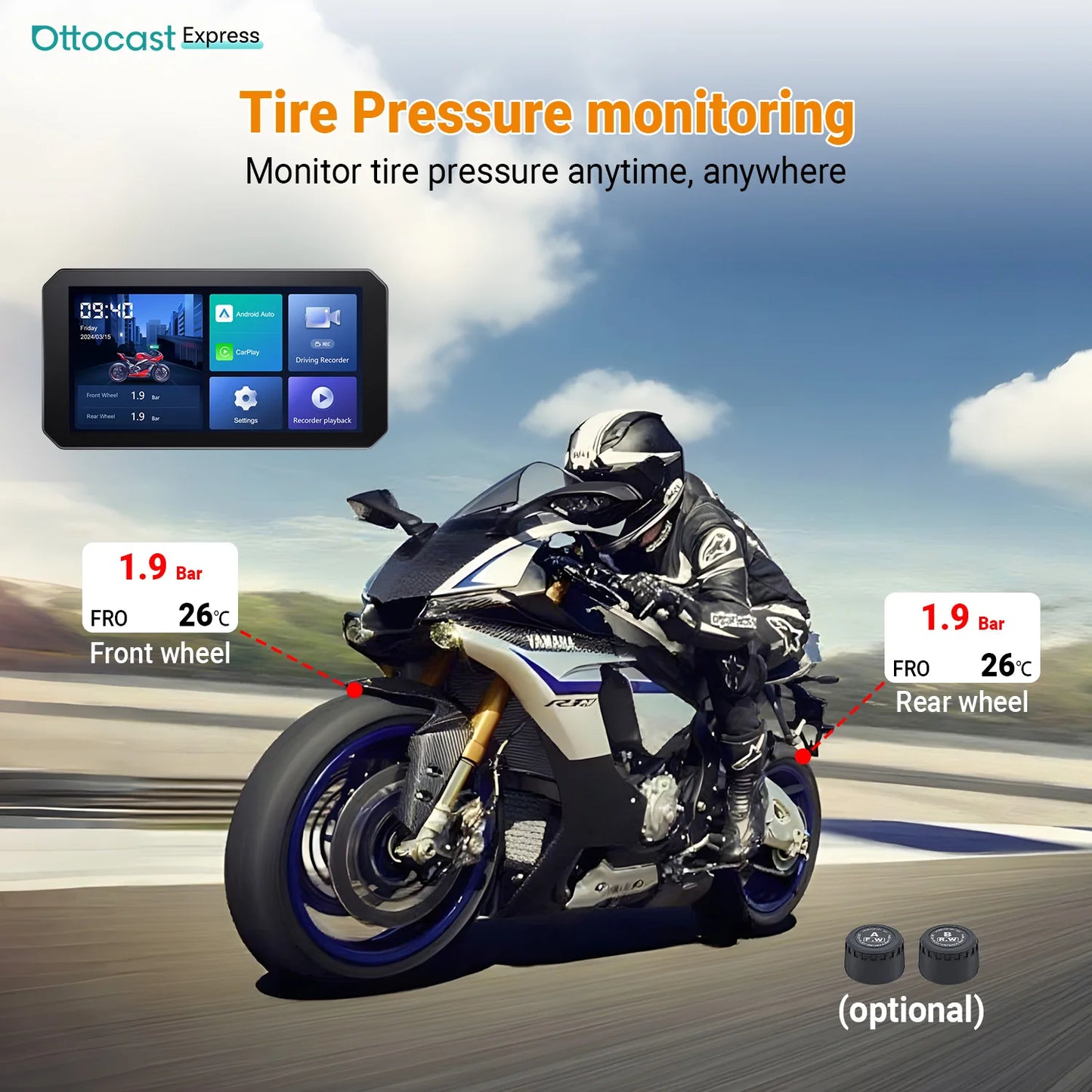 Ottocast 6.0 inch IP67 Waterproof Motorcycle GPS Navigation Wireless Carplay Android Auto DVR Drive Recorder Moto Monitor Wifi
