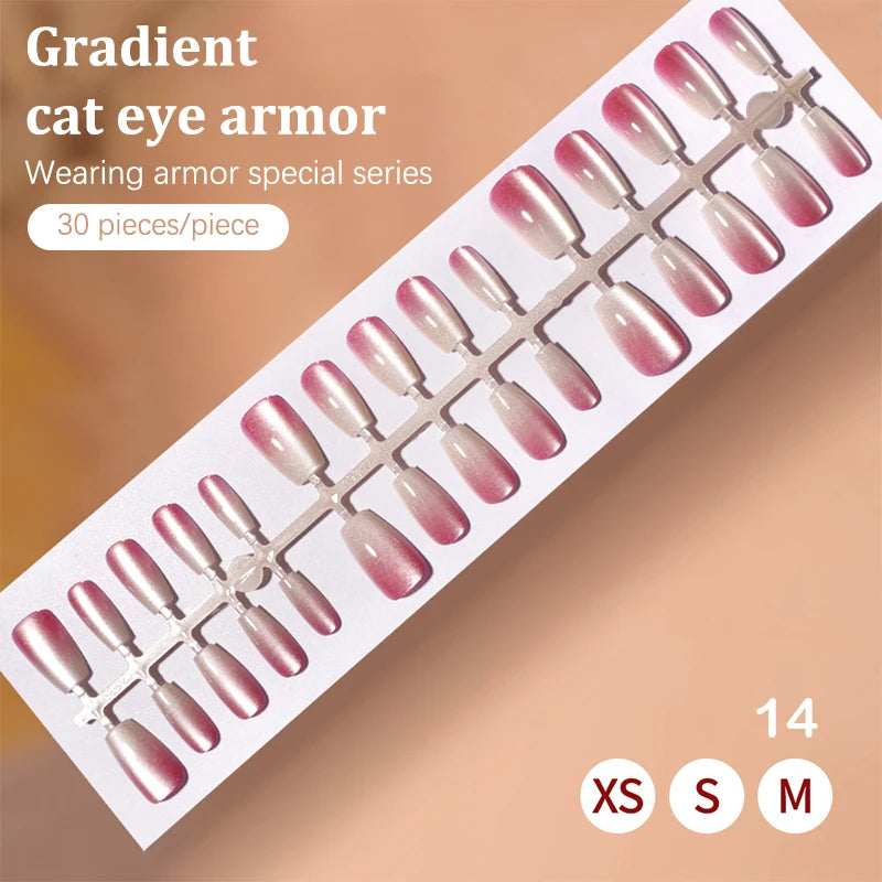 30Pcs Fake Nails French Style Gradient Cat Eyes Press On Full Cover Artificial Three Sizes Available False Nails Nail Enthusias