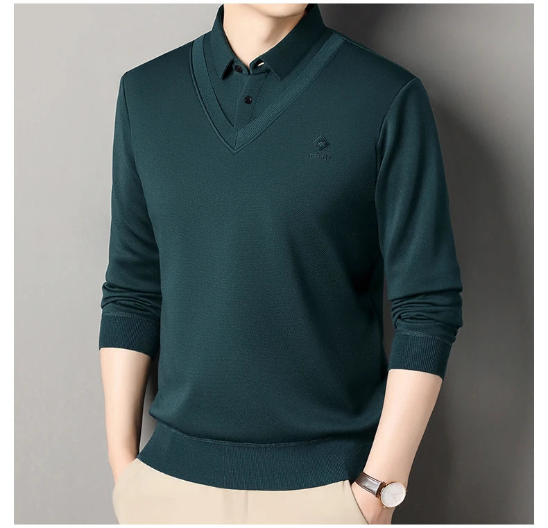 Men's Winter Sweater Velvet Pullover Solid Color Slim Fit Elegant Luxury Brand Knitwear Fake Two Pieces Knitted Sweaters