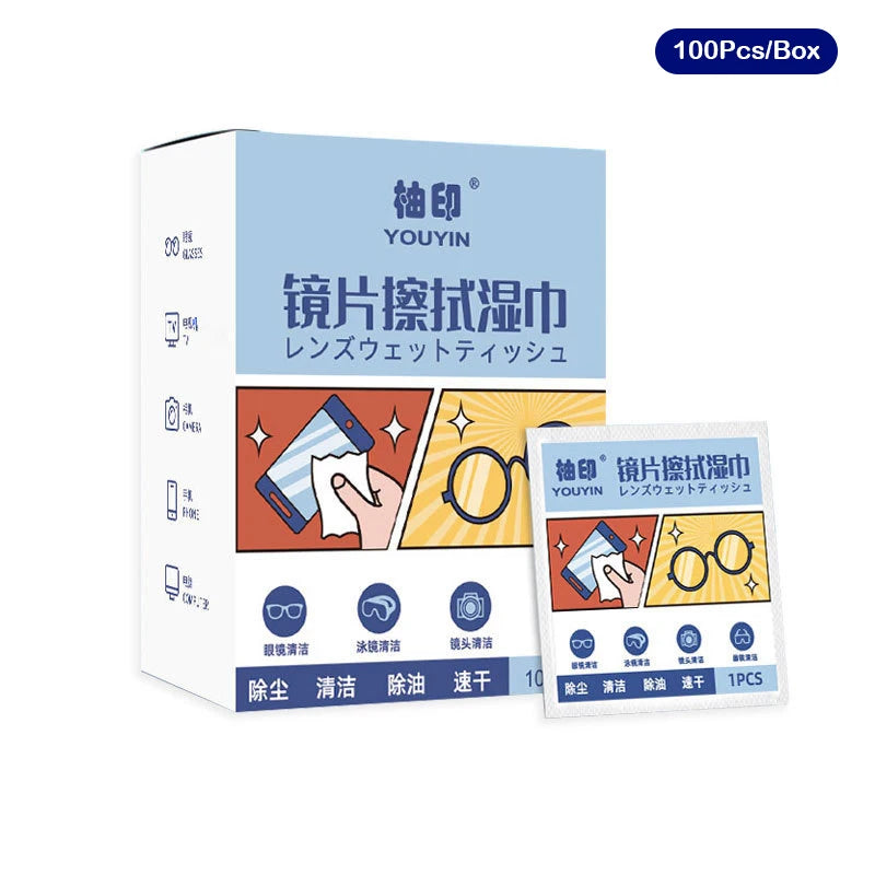 100Pcs/Box Glasses Cleaner Wet Wipe Disposable Anti Fog Misting Dust Remover Cleaning Lens Wipes Sunglasses Phone Screen