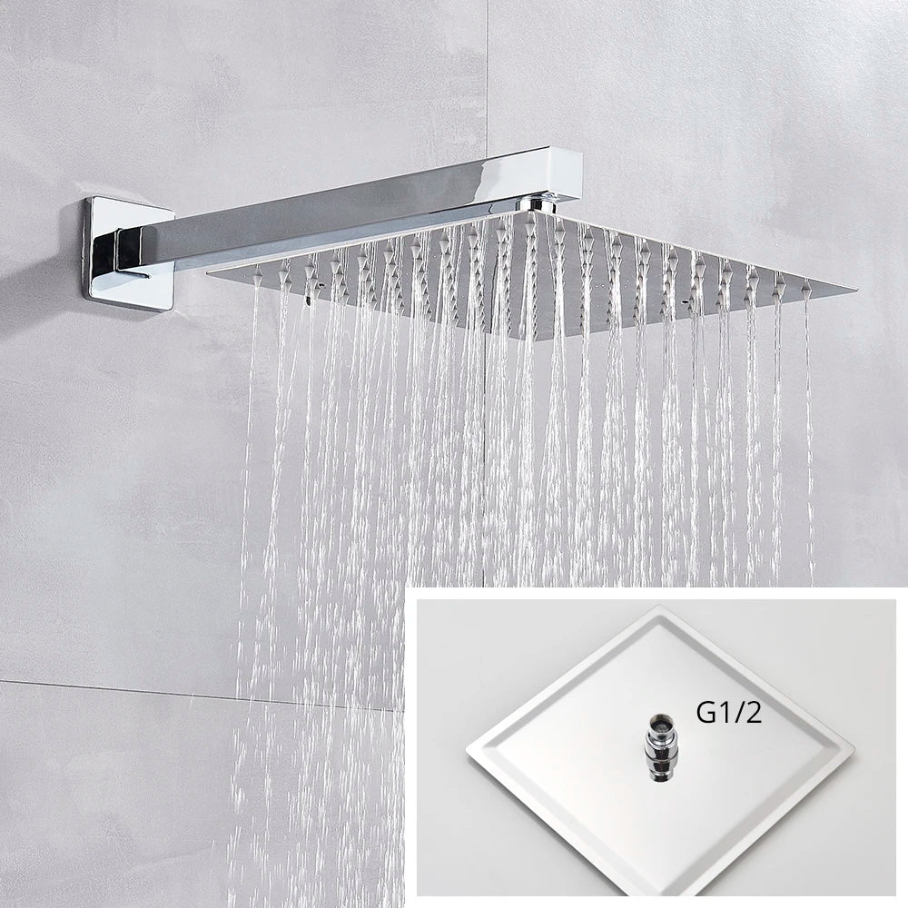 Rainfall Shower Head 8"/10"/12" Square Bathroom Ultrathin Rain Top Shower Head with Shower Arm Faucet Accessories Wall Mounted