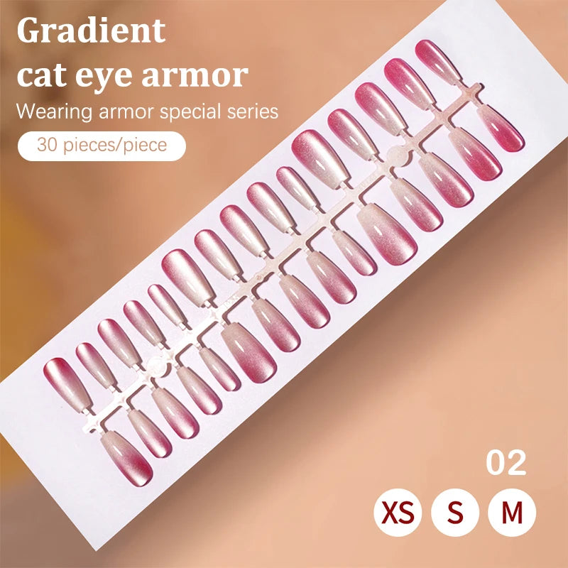 30Pcs Fake Nails French Style Gradient Cat Eyes Press On Full Cover Artificial Three Sizes Available False Nails Nail Enthusias