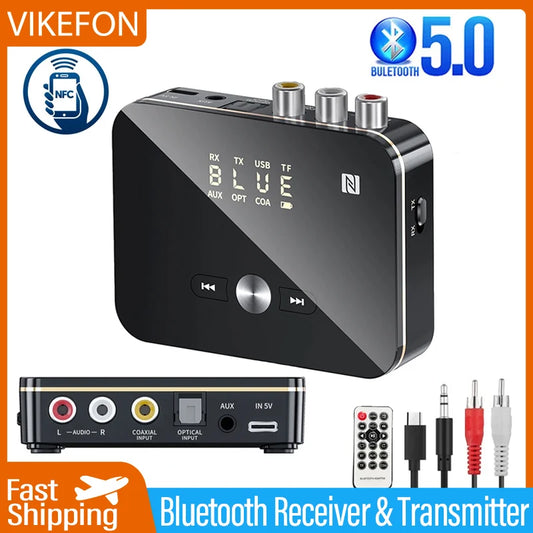 VIKEFON Bluetooth Receiver Transmitter 5.0 NFC Stereo 3.5mm AUX Jack RCA Wireless Audio Adapter Mic IR Remote Control For TV PC