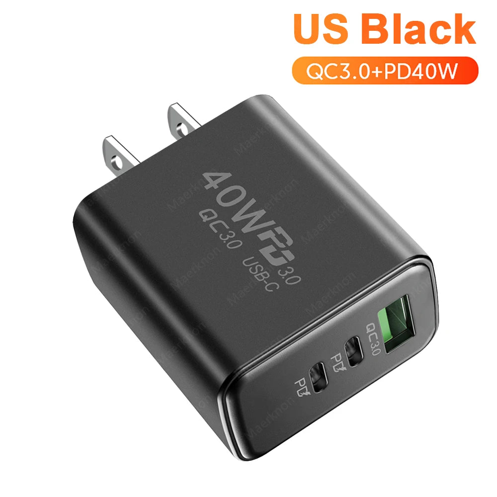 PD 60W USB Charger 3 Ports Type C Fast Charging Phone Charger Adapter For iPhone Xiaomi Samsung Huawei EU/US Plug Wall Charger