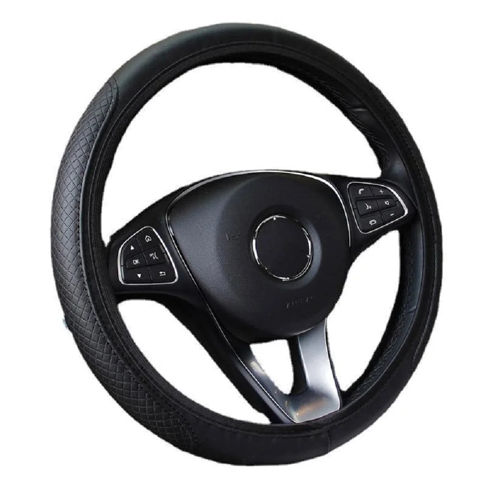 Black automobile steering wheel cover, dynamic fiber leather, double round elastic, no inner ring, elastic belt handle cover