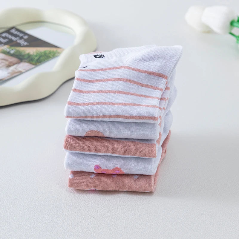5 Pairs of WOMEN'S Short Socks, Pink Cat Thin, Cute All Season Boat Socks, Slow Top, Fashionable Boat Socks