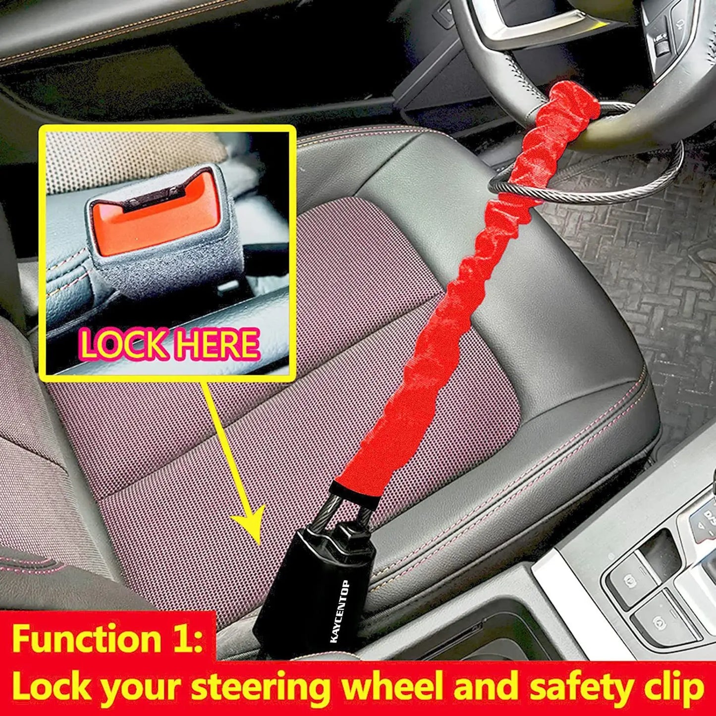 Car Steering Wheel Steel LockSeat Belt Anti-theft Lock with 2 KeysAnti-theft device easy to installFits most cars SUVs