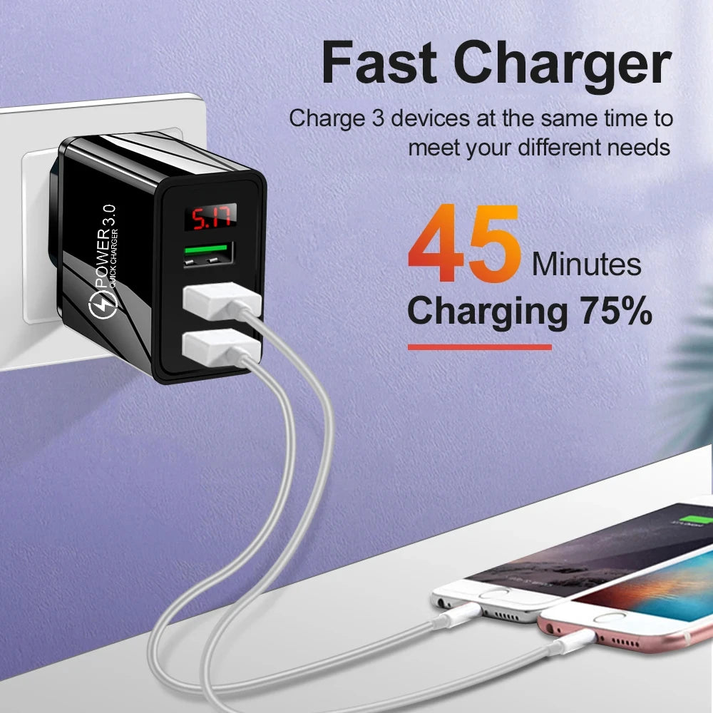 3.1A 3 Ports USB Charger Digital Display Fast Charge Mobile Phone Adapter For iPhone Samsung Xiaomi Quick Charge3.0 Wall Charger