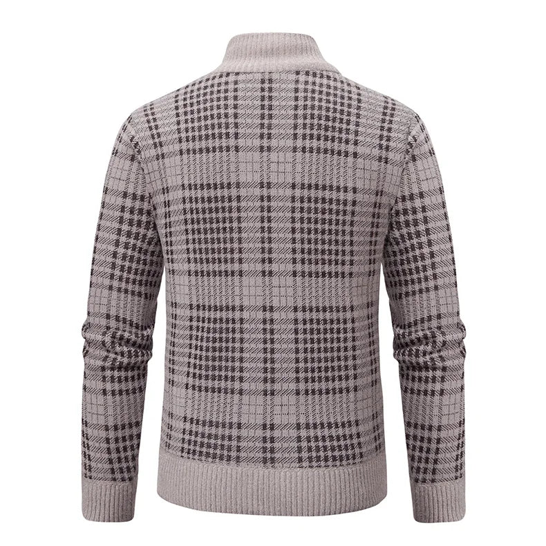 Mens Sweaters Jacket Full Zip Fleeced Sweater Cardigan Plaid Stand Collar Sweaters Coat Autumn Winter Homme Clothes