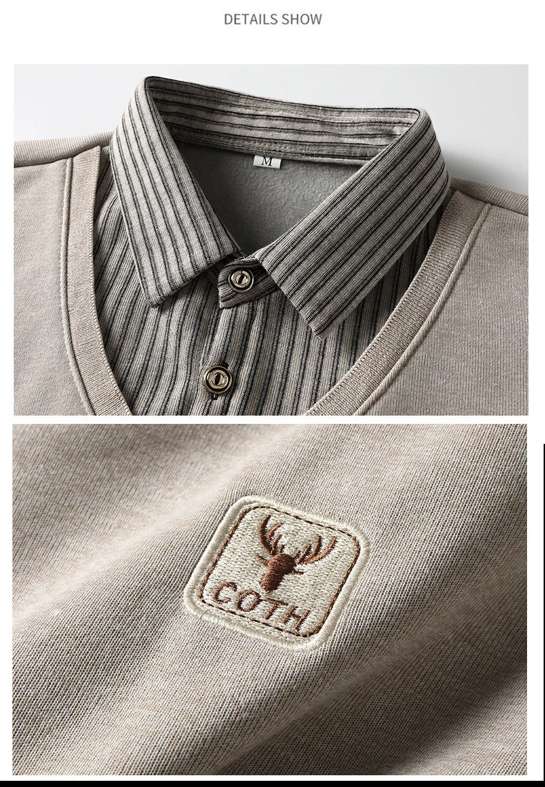 Male Fleece Polo Shirt Men's Pullover Autumn Winter T-shirt Collar Sweaters Cold Blouse Navy Blue Khaki Korean Clothing