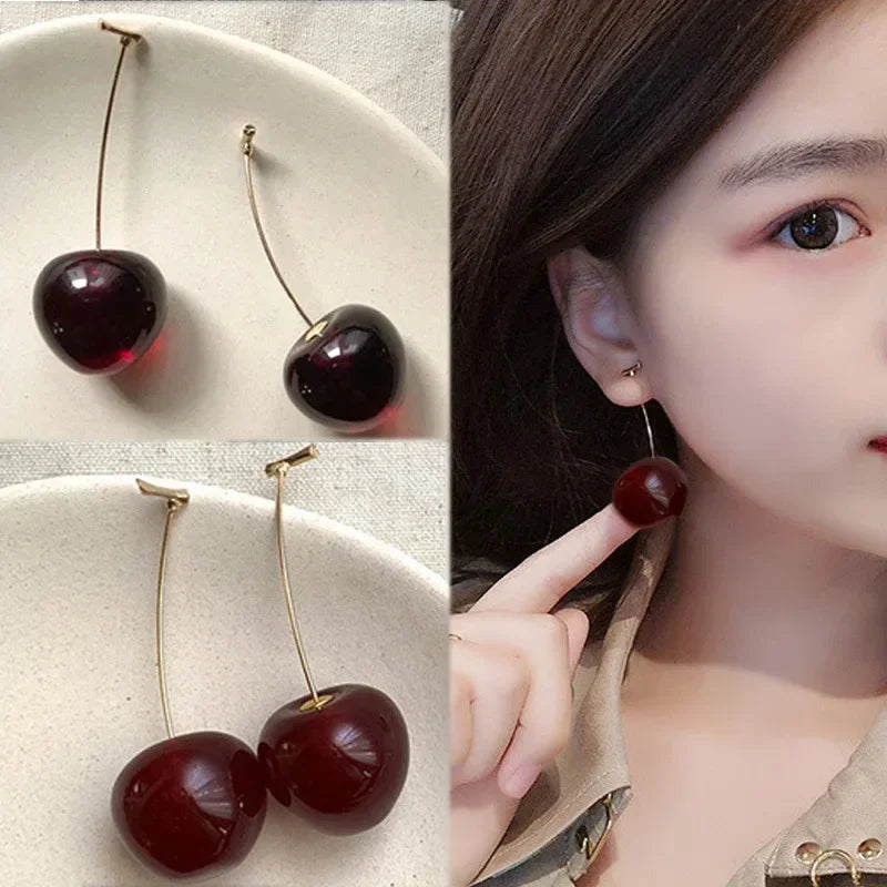 2024 New Cute Temperament Cherry Drop Earrings Women Korean Classic Style Earrings Fashion New Year Jewelry Christmas Gifts