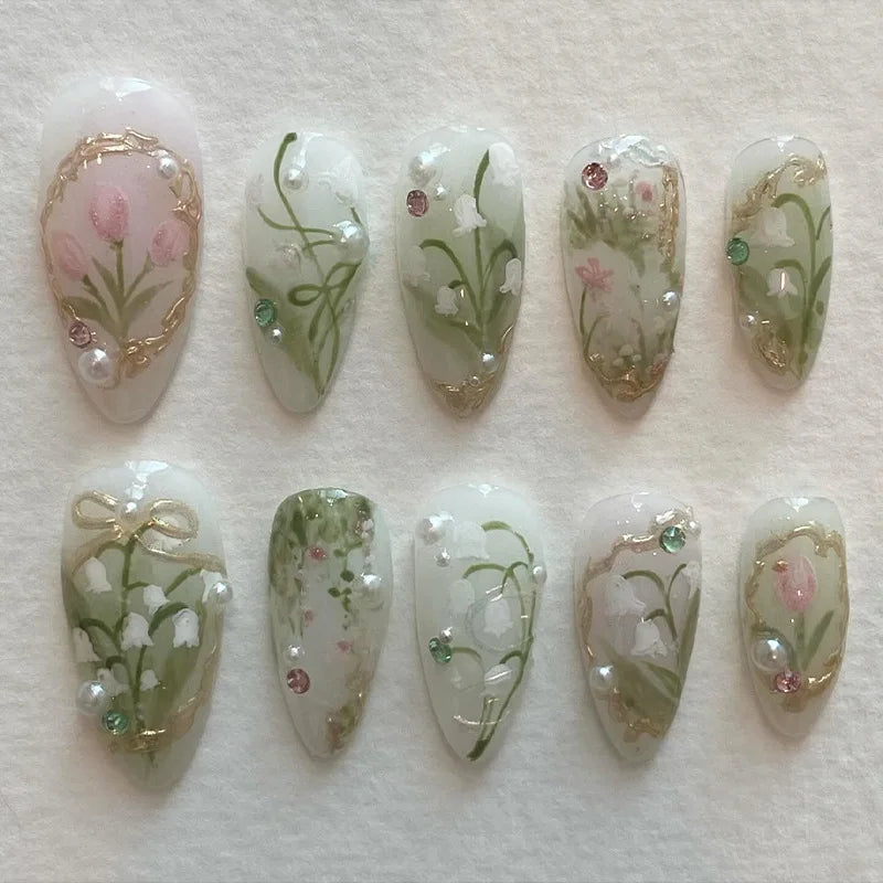 24Pcs Peach Blossom Press on Nails Cat's Eye Nude Glitter False Nail for Women&Girl Spring and Summer Detachable Wearable Nail