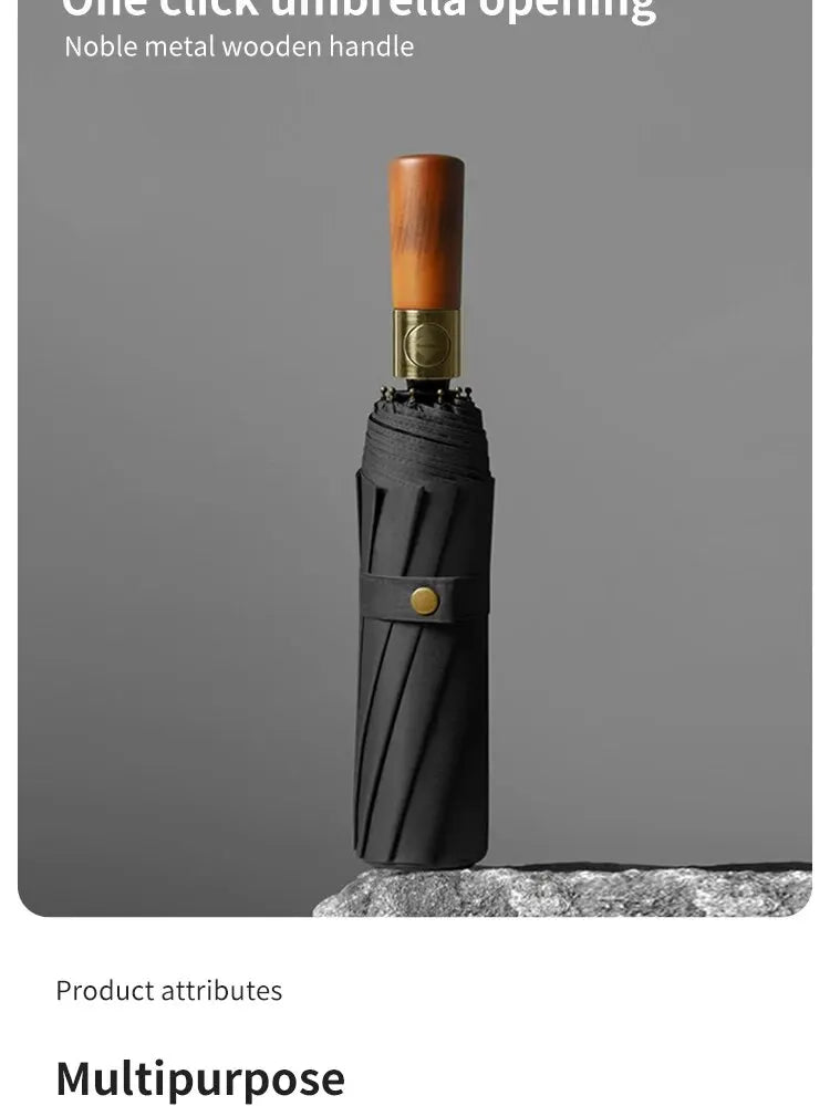 10 Bone Log Handle Automatic Rain Umbrella, Vintage Style Foldable UV Protection, For Men And Women, Suitable For Many Occasions