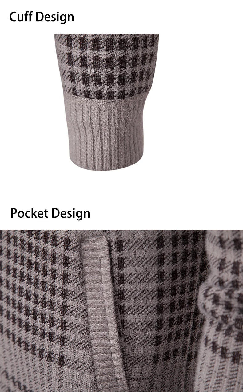 Mens Sweaters Jacket Full Zip Fleeced Sweater Cardigan Plaid Stand Collar Sweaters Coat Autumn Winter Homme Clothes