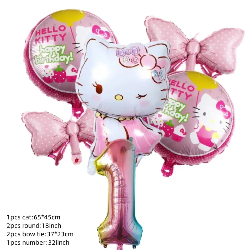 Cute Cartoon Kitty Cat Balloons Set First 5th 6th Birthday Decoration Baby Shower Globos Hello Cake Topper Backdrop Candy Box