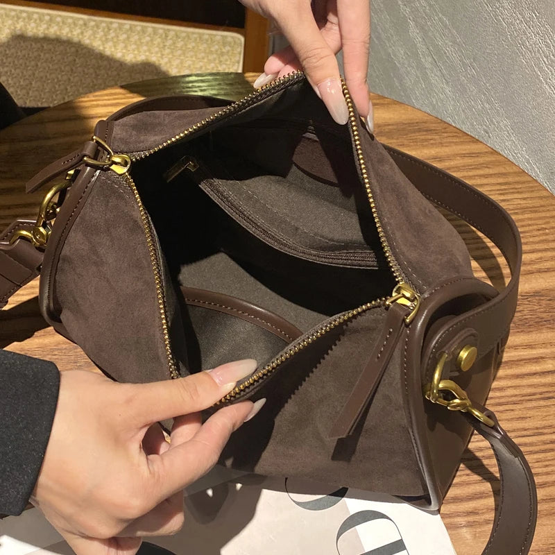 Suede Cowhide fashion ladies shoulder cross coffe bag luxury designer women brown handbag angola red