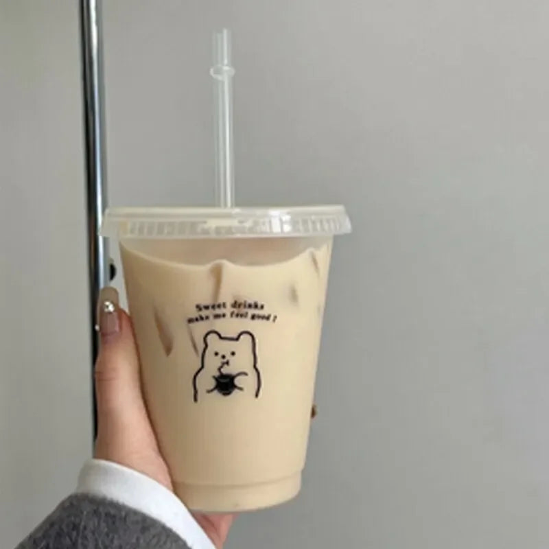 Cartoon Bear Pattern Large Capacity Plastic Straw Cup Handheld Beverage Cup Suitable For Coffee Milk Tea
