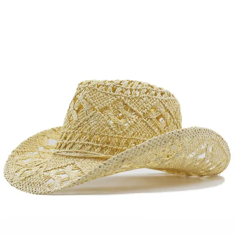 New Fashion Hollowed Handmade Cowboy Straw Hat Round Collapsible Western Cowboy Beach Hat Photo Props Western Sunshade Cap