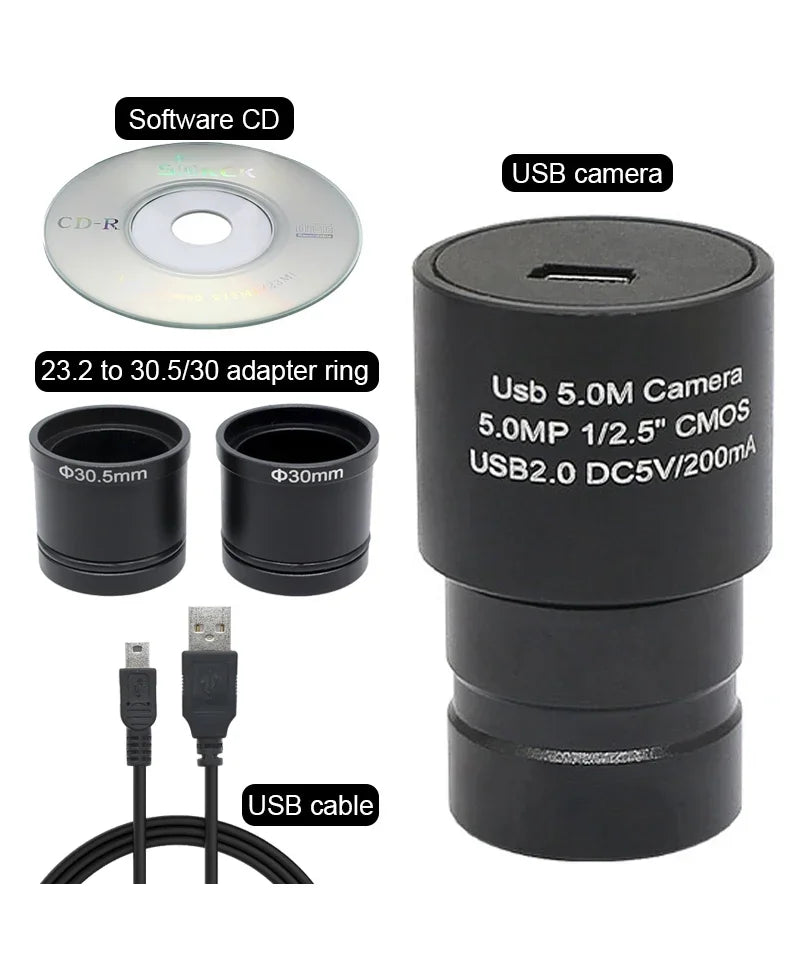 2MP/5MP CMOS USB Camera Microscope HD Electronic Eyepiece 23.2mm Mounting with 30mm 30.5mm Ring Adapter Digital Camera Photograp