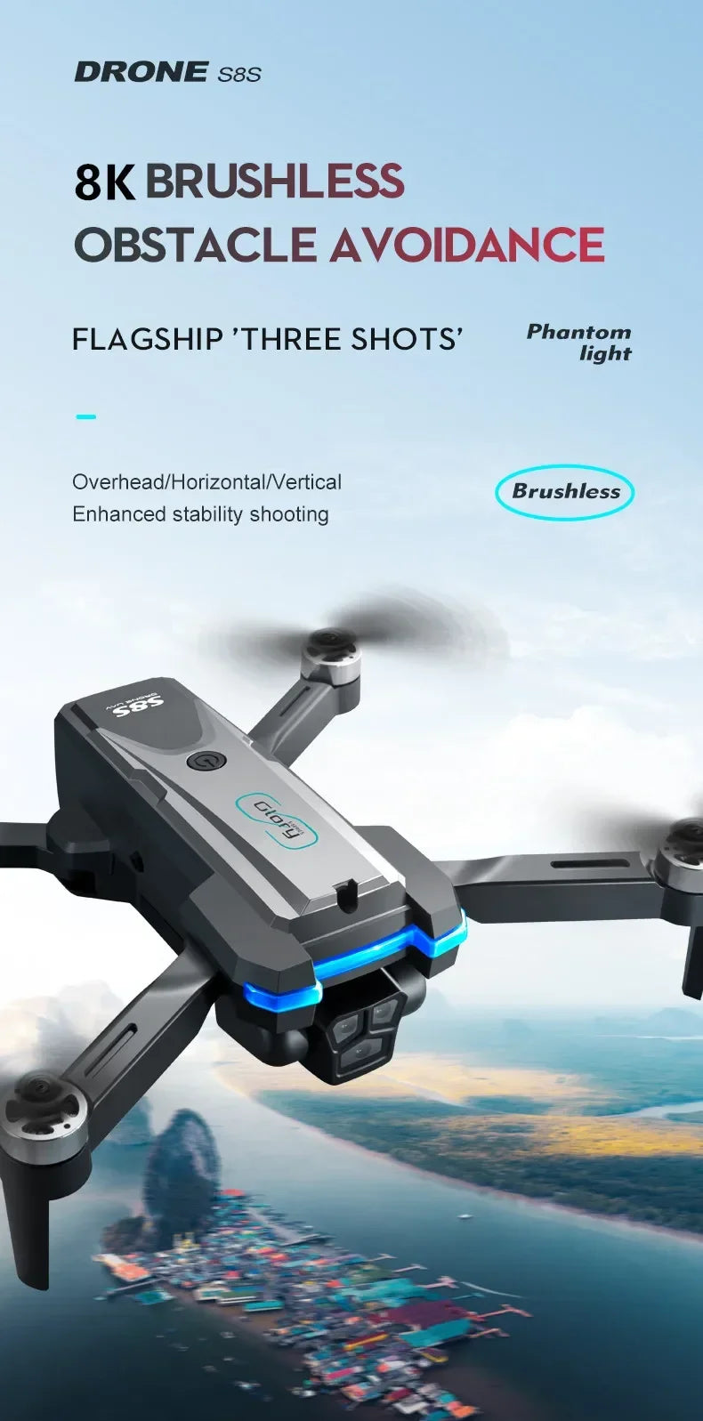 S8S RC Brushless Drone 4K Professional 8K Three ESC Camera Optical Flow Obstacle Avoidance Headless Mode Foldable Quadcopter Toy