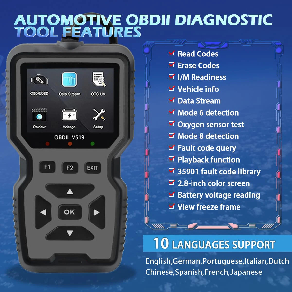 Upgraded Version of Obd2 Scanner Diagnostic Tool, Full-Featured Automatic Engine Fault Code Reader, Support Mode 6, and 8, USB Power Supply, Suitable for All Vehicles in 1996 - Essential Car Maintenance Accessories, Vehicle D