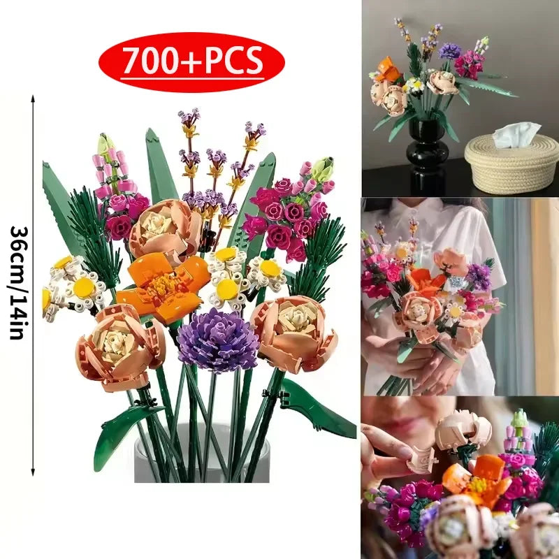 New 700+PCS Rose Blocks City Creative DIY Plant Desktop Decoration Building Blocks Girls Toys Model Classic Bricks Birthday Gift