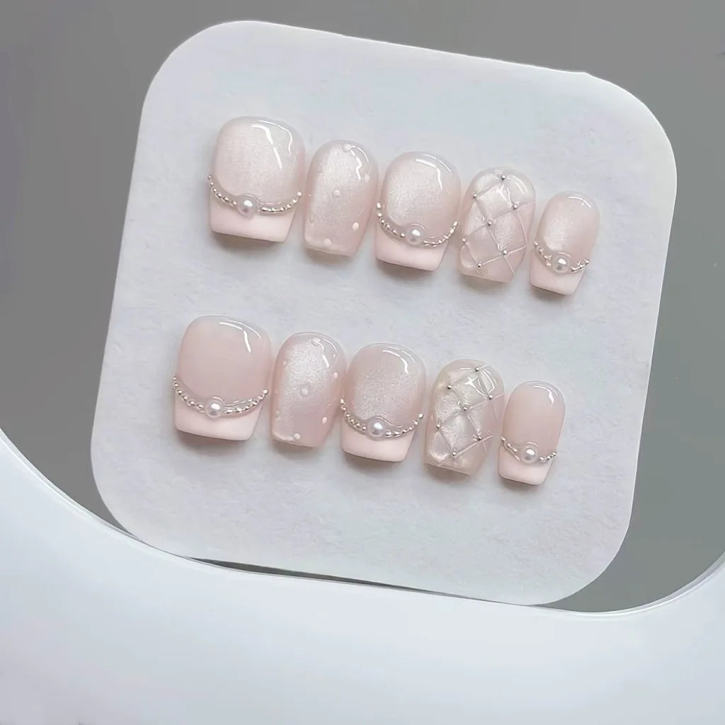 10pcs Handmade Press on Nails Plaid Pearl French Cat's Eye Aurora Fishtail Full Coverage Nail Tip for Women&Girl Removable Nail
