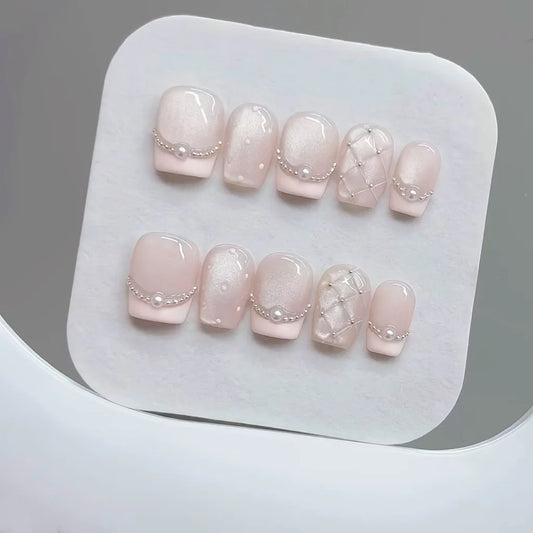10pcs Handmade Press on Nails Plaid Pearl French Cat's Eye Aurora Fishtail Full Coverage Nail Tip for Women&Girl Removable Nail