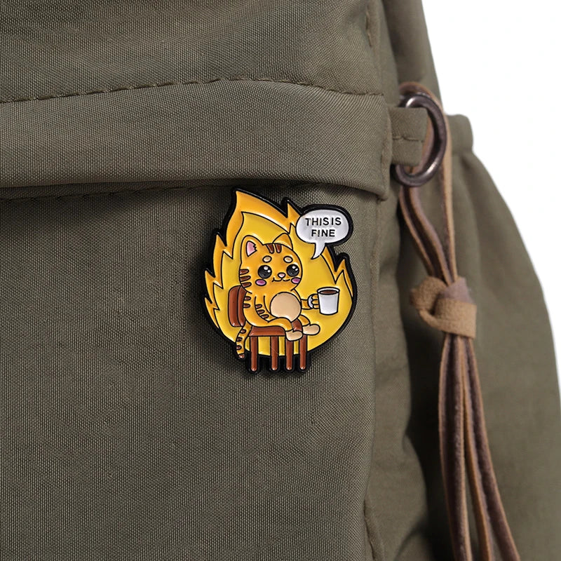 Flame Coffee Cat Enamel Pins Custom THIS IS FINE Brooches Lapel Badges Cartoon Animal Jewelry Gift for Friends