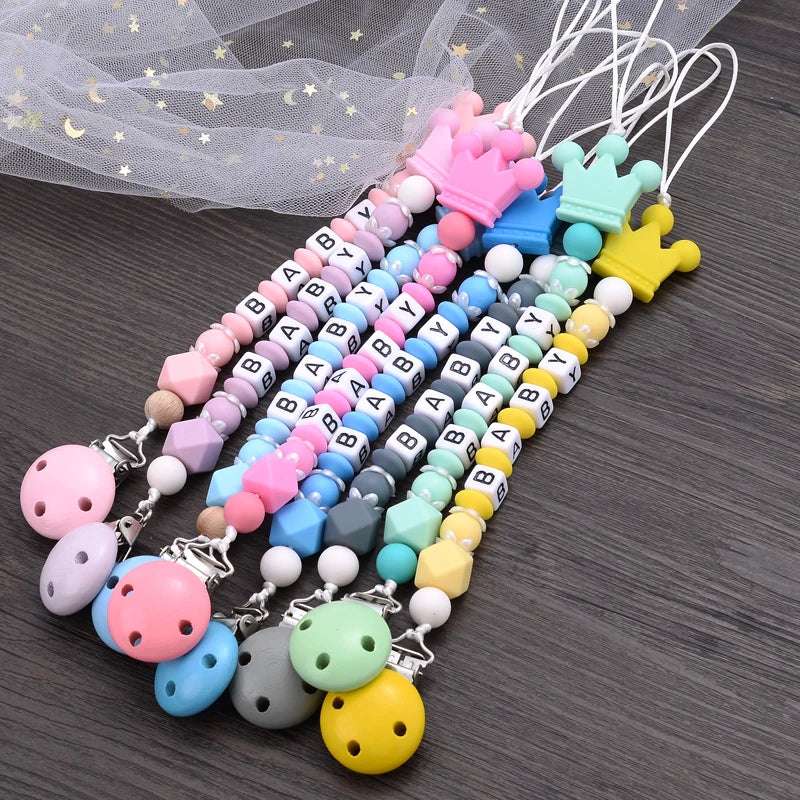 New Baby Crown Pacifier Clips Silicone Pacifier Chains Handmade Toddler Teething Chain Nipple Clip Chew Toys Not Customized