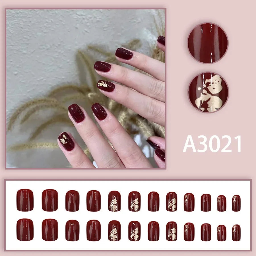 Watercolor Rose Fake Nail with Jelly sticker Press on False Nails Wearable Round Head Oval Full Cover Nail Tips