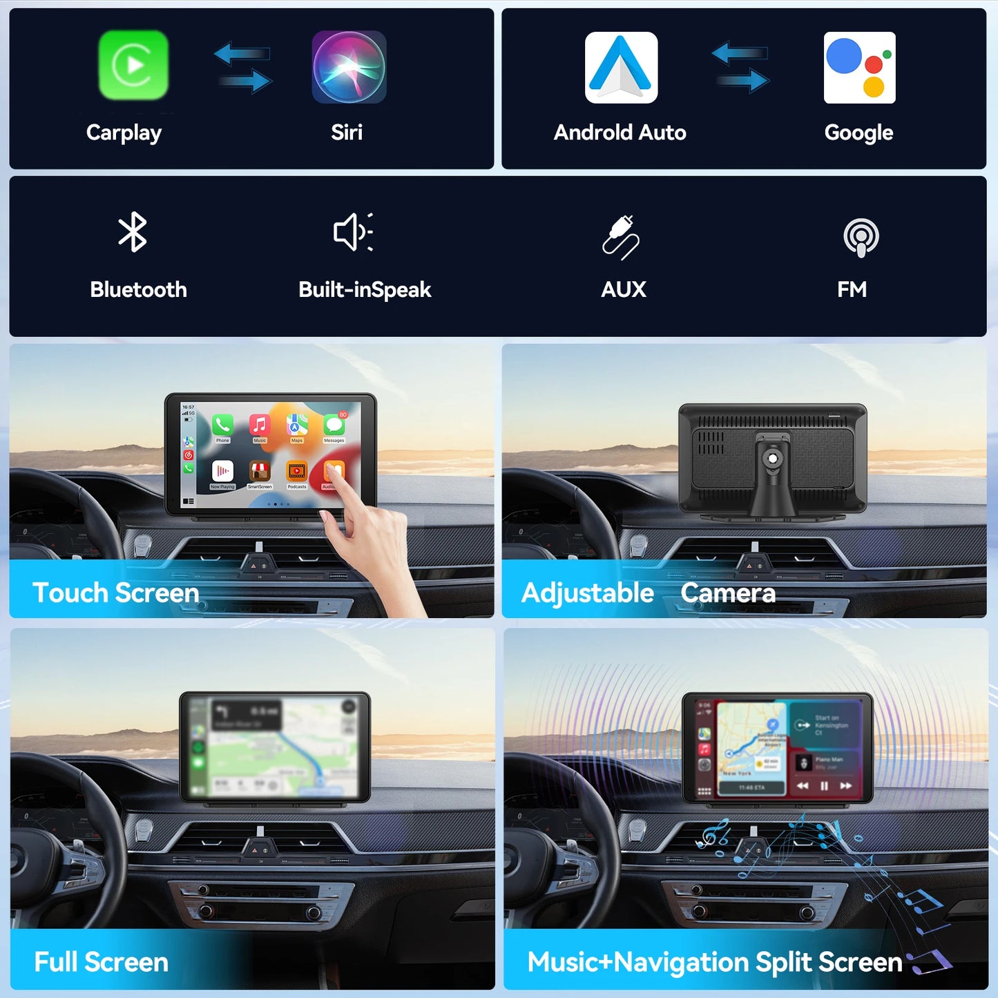 Portable CarPlay 7'' Smart Touchscreen with Car Stereo, Wireless Android Auto/Mirror Link/ AUX Connection/FM