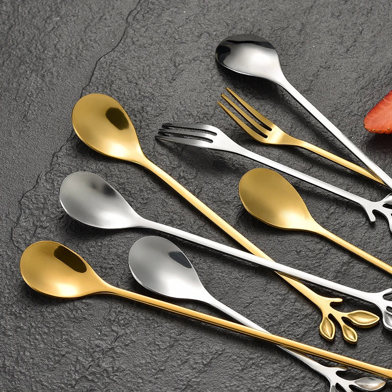 6PCS Creative Personality Stainless Steel Gold Spoons Tree Leaf Spoon Coffee Spoon Tea Spoon Home Restaurant Dessert Cutlery Set