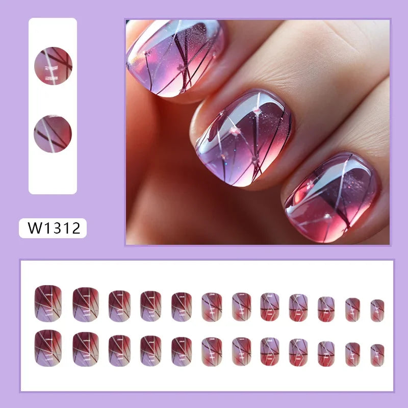 Gold Pink Wine Red 24 Pcs Fake Nail with Jelly sticker Press on False Nails Wearable Round Head Oval Full Cover Nail Tips