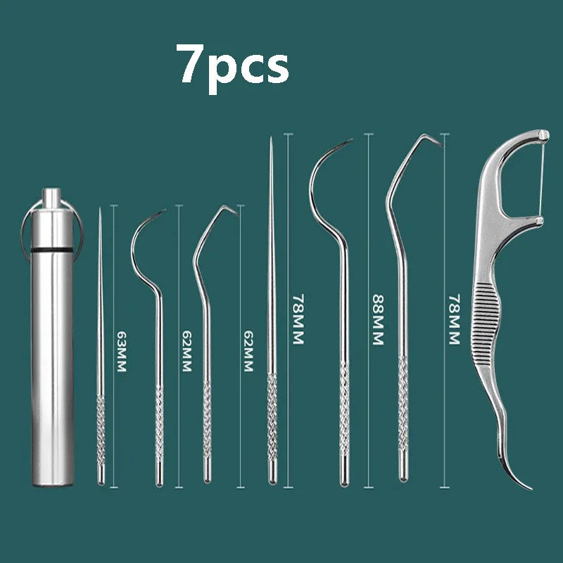 Portable Dental Tool Set Flossing Tooth Picking Tool Metal Stainless Steel Spiral Ear Pick Spoon Kit Oral Hygiene Tartar Removal