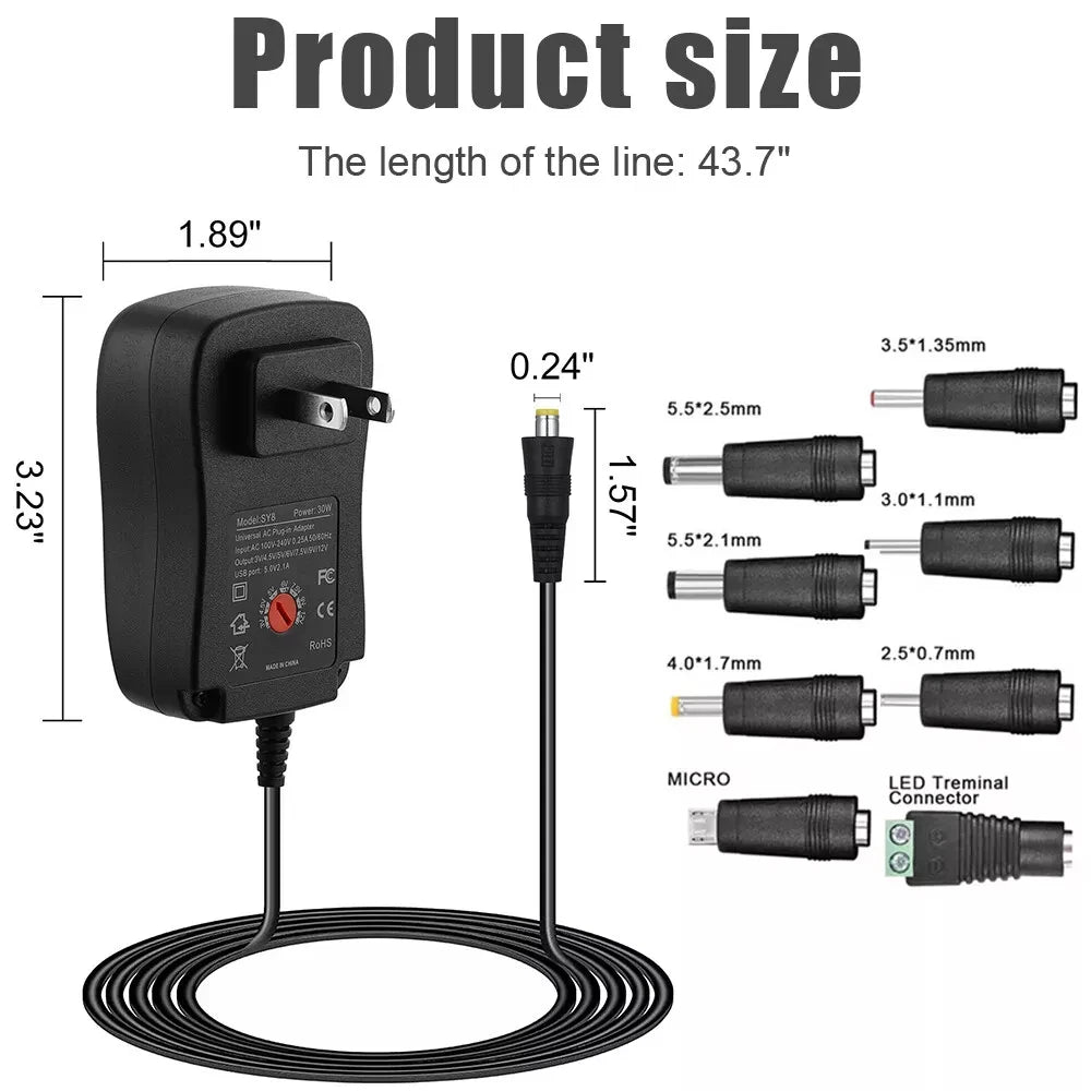 Power Adapter Universal Adjustable Voltage Power Supply AC/DC Adapter EU/US/AU /UK  Plug Charger 8Tip 30W