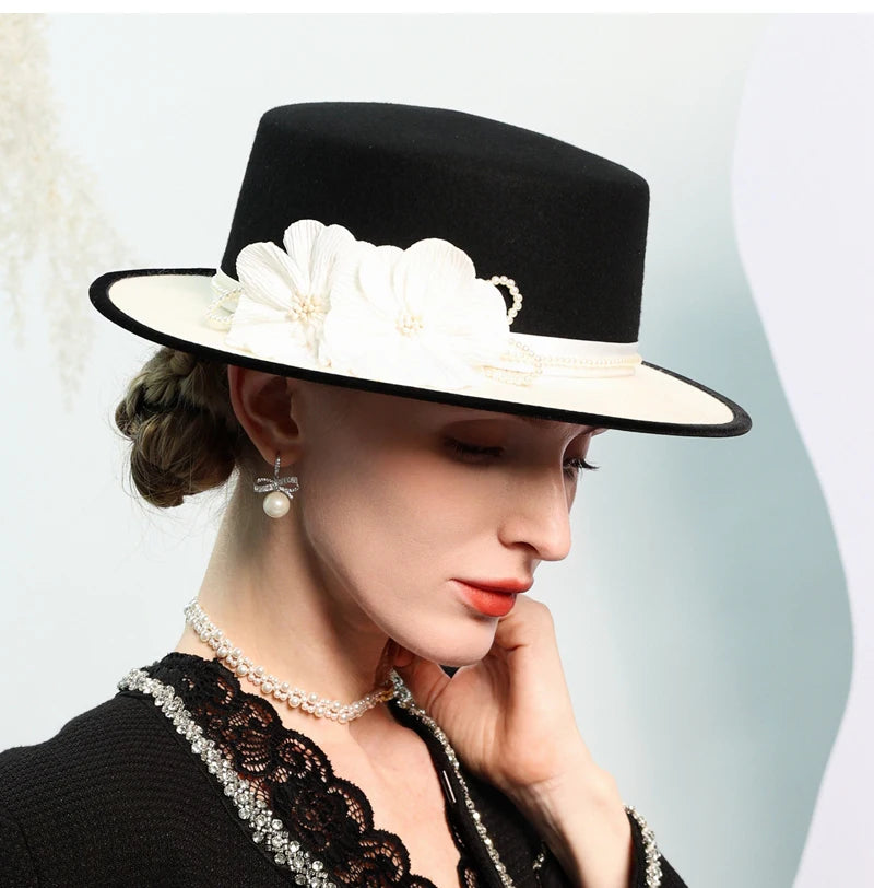 Women's Black/White Flat Top Wool Felt Fedora Hat with Flower Faux Pearl Detail Winter Dress Cap Stylish French Millinery