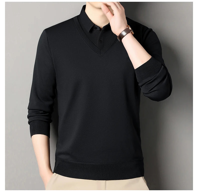 Men's Winter Sweater Velvet Pullover Solid Color Slim Fit Elegant Luxury Brand Knitwear Fake Two Pieces Knitted Sweaters