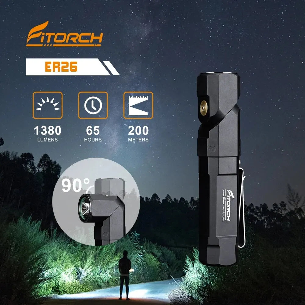 Fitorch ER26 Rechargeable LED Flashlight Versatile Torch 90° Adjustable Head Magnetic Charging Flash Light Camping Hand Lamp