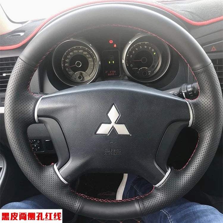 Black Non-Slip Genuine Leather peach wood grain Car Steering Wheel Cover For Mitsubishi Pajero 2007-2019 Galant Zinger 2008-2011