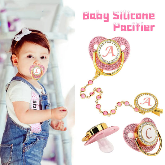 New Full Diamond Pink Letter Pacifier Photo Accessories Baby Pacifier with Jewelled Chain Clip Teether Toys Bite Resistant