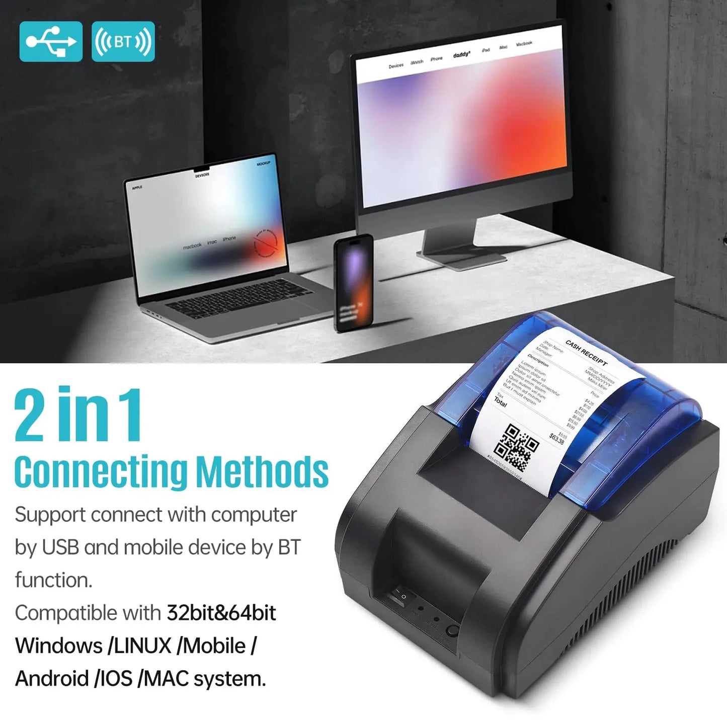 58mm Desktop Portable Bluetooth Wireless Thermal Printer Receipt Bill POS Compatible with Windows/Mac/Android/iOS Systems