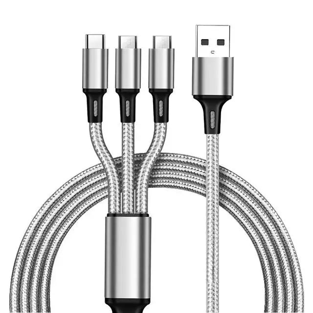 2.4A Braided One Drag Three USB-A For Apple Android Type-c/USB-C Fast Charging Cable 1.2m  3in1 Black Silver Red Blue Golden
