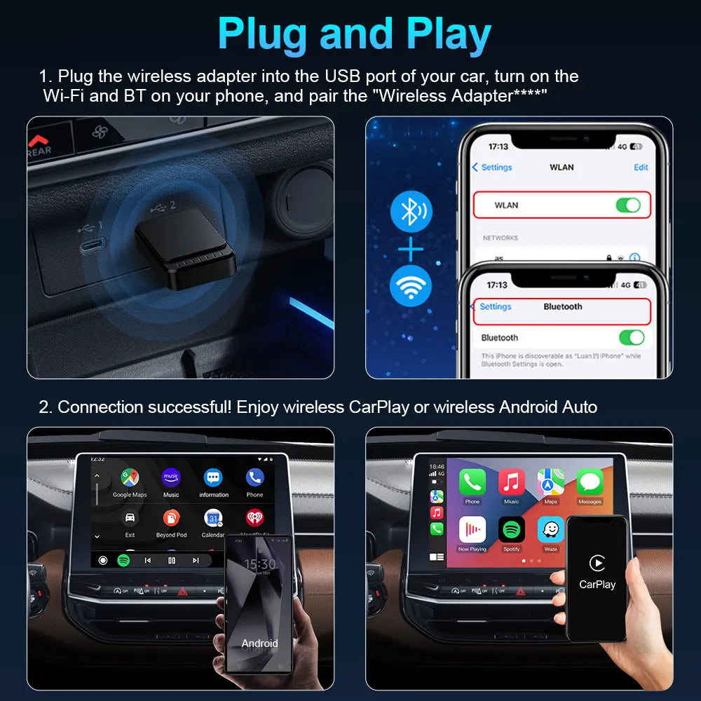 TIMEKNOW NEW Wireless CarPlay Android Auto Adapter Wired to Wireless 2 in 1 Mini Car Ai Box for Audi Toyota VW Peugeot