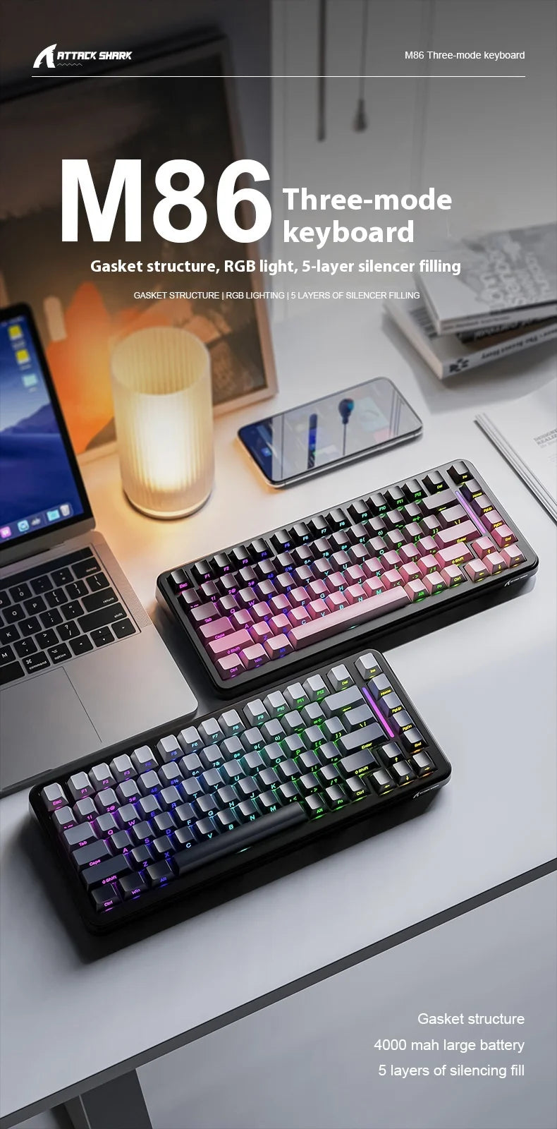Attack Shark M86rgb Three-Mode Wireless Bluetooth Hot Plug Engraving Mechanical Keyboard Blueberry Axis Surprise Gift