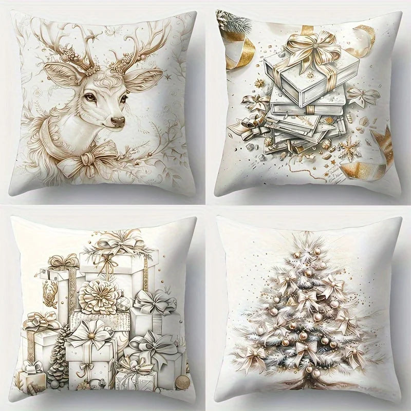 Home Decor Festive Deer & Gift Christmas Pillow Covers Pattern Cushion Cover Suitable for Sofa Bedroom Car Pillow Cover