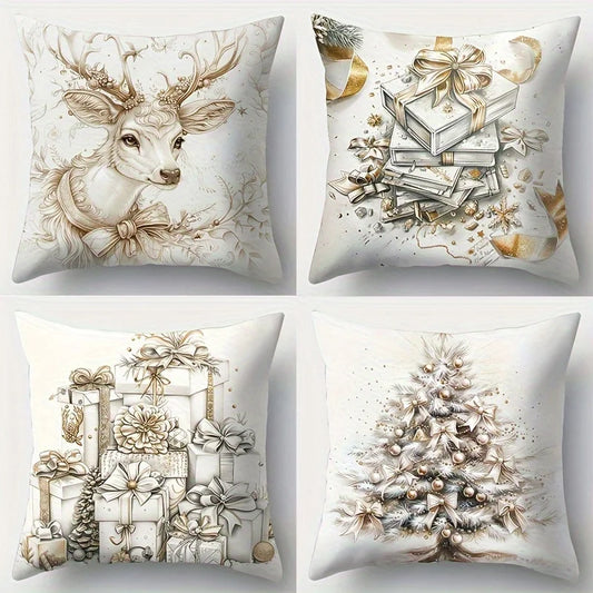 Home Decor Festive Deer & Gift Christmas Pillow Covers Pattern Cushion Cover Suitable for Sofa Bedroom Car Pillow Cover