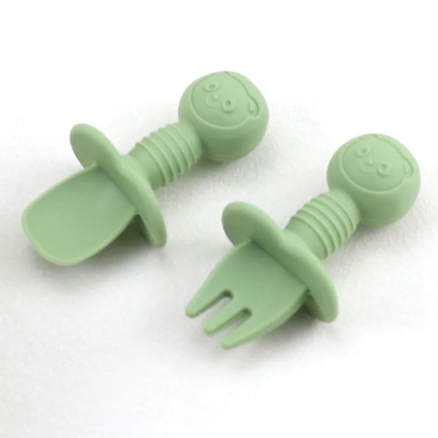 3pcs baby silicone tableware set, complementary food feeding plate, strong suction, cartoon short spoon fork, easy to grip