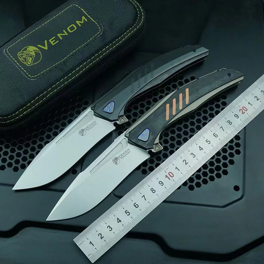 VENOM battle axe Flipper Folding Knife M398 Blade Titanium+CF Handle  Outdoor Camping Hunting Fishing Pocket Fruit EDC Tool
