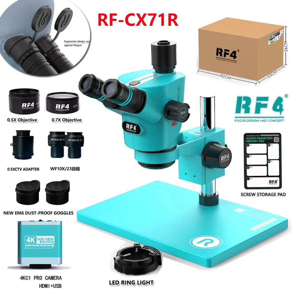 RF4 CX71R New Focus Trinocular Stereo Microscope 6.5x-65x 30°C Ergonomic Design 10X/23MM Eyepice for Phone Soldering PCB Repair